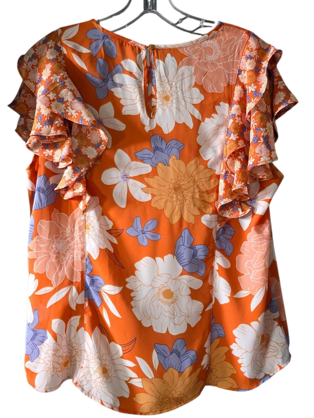 DR2 Daniel Rainn Orange Floral Ruffle Sleeve Blouse Size Large - Picture 3 of 9